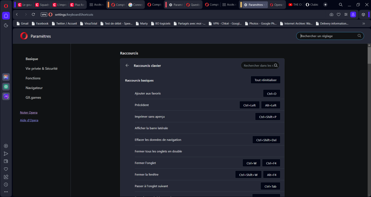 Opera - La configuration des raccourcis