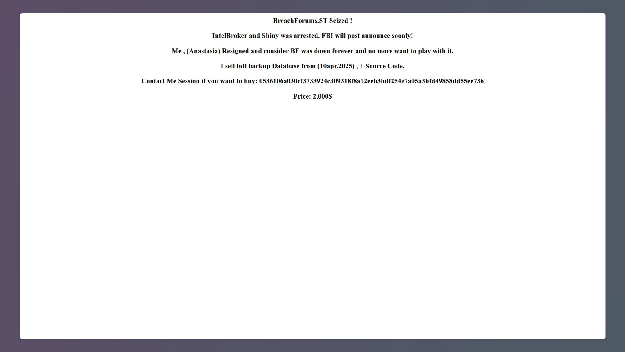 Voici le dernier message affiché sur BreachForums © Capture d'écran par Clubic