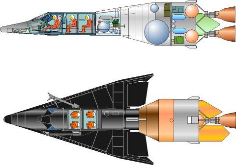 Une vue d'artiste qui montre que l'adaptation habitée de Dyna-Soar impliquerait un vol avec un étage supérieur pour les manoeuvres en orbite. Crédits USAF/Mark Wade via Astronautix