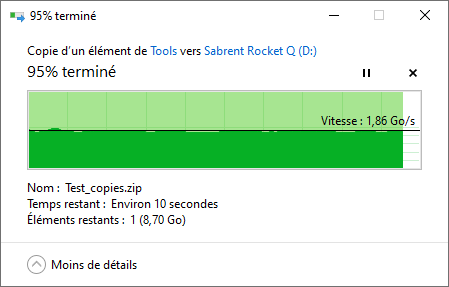 Débits observés en écriture sur une copie « simple » via Windows 10
