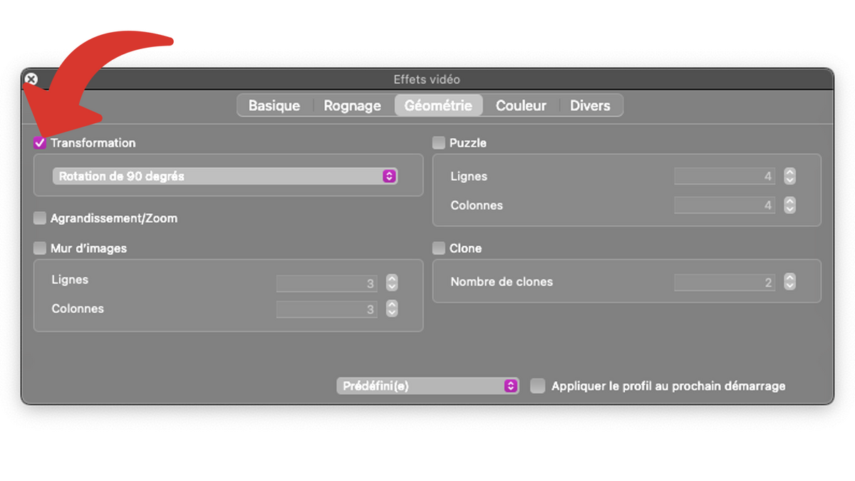 mac vlc fenetre effets video geometrie activer transformation