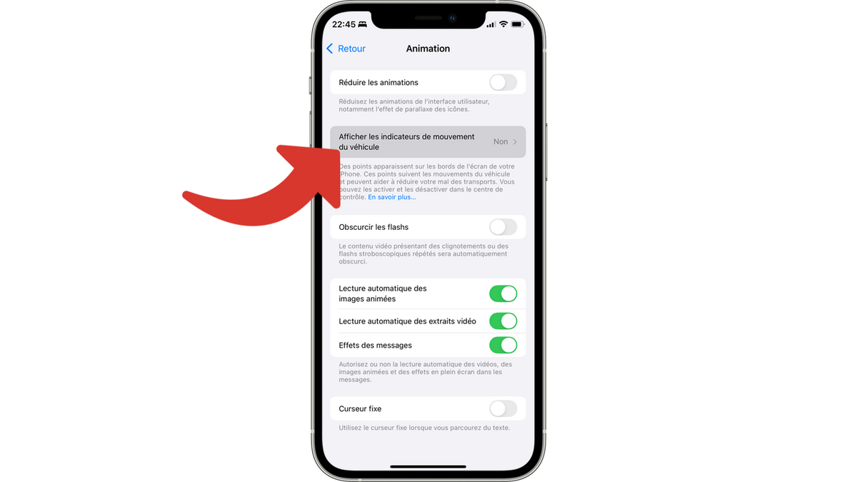 Accéder aux options pour afficher les indicateurs de mouvement du véhicule pour réduire le mal des transports sur l'iPhone sous iOS 18 © Clubic