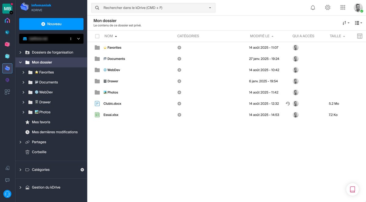 Infomaniak kDrive - L'interface du service Web