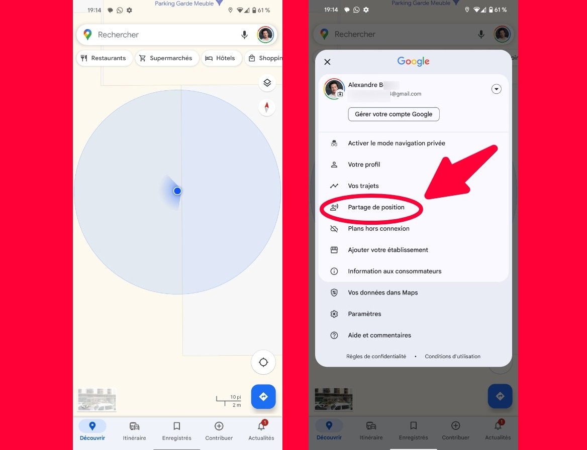 À droite, la page d'accueil de Google Maps ; à droite, l'option "Partage de position" depuis le menu © Alexandre Boero / Clubic