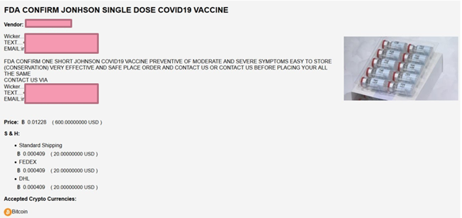 Capture de la publication pour le vaccin Johnson & Johnson, vendu à 600 dollars (© Check Point Research)