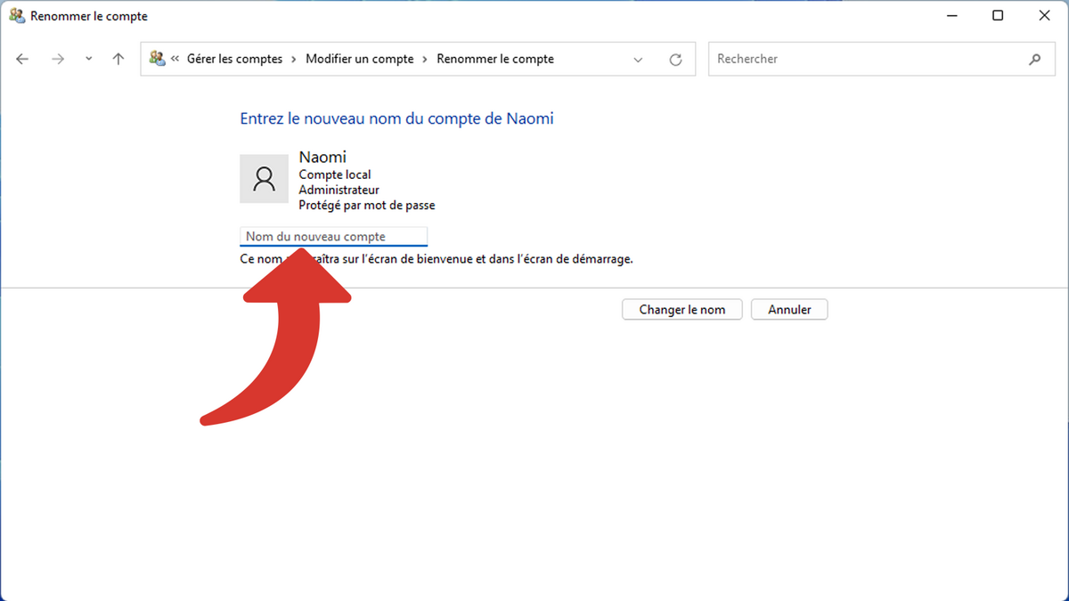 Champ pour saisir le nouveau nom du compte administrateur Windows © Clubic