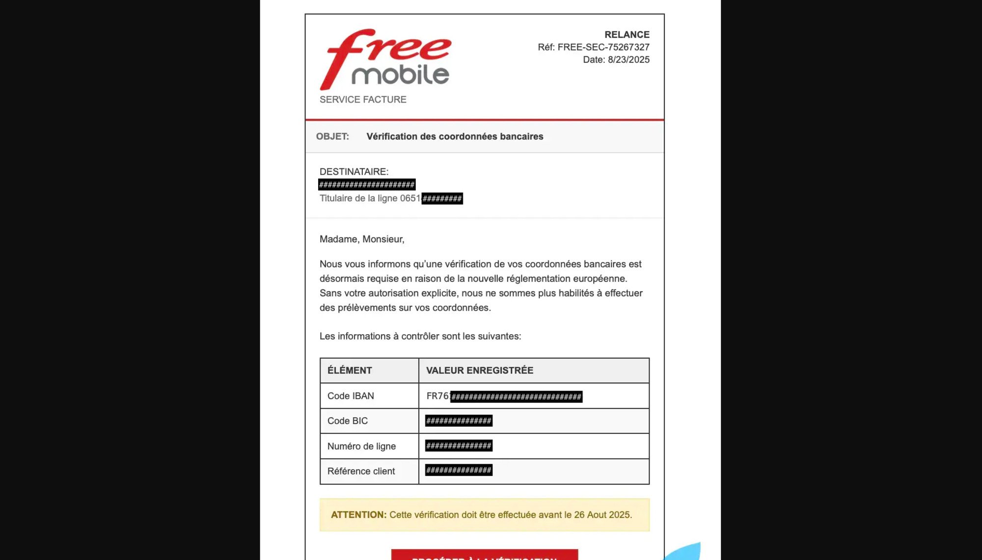 Voici l'e-mail de phishing Free livré par le lecteur de nos confrères de Mac4ever © Mac4ever