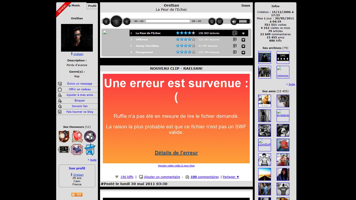 On peut encore tenter de retrouver un ancien Skyblog via la Wayback Machine d’Archive.org, en saisissant l’URL complète du blog puis en choisissant une date parmi les captures archivées si elles existent - © Skyrock | OrelSan