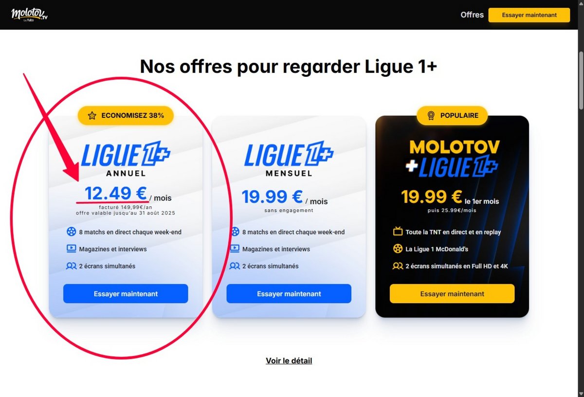Formules d'abonnement à Ligue1+ depuis Molotov © Alexandre Boero / Clubic