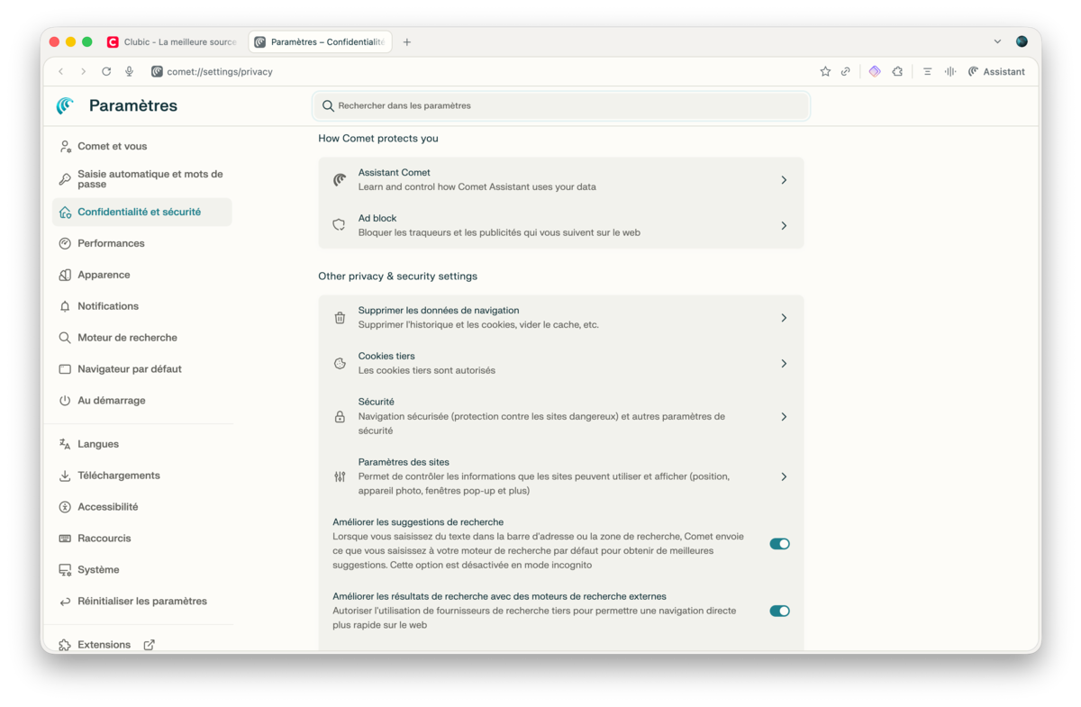 Un accès direct aux paramètres... en anglais