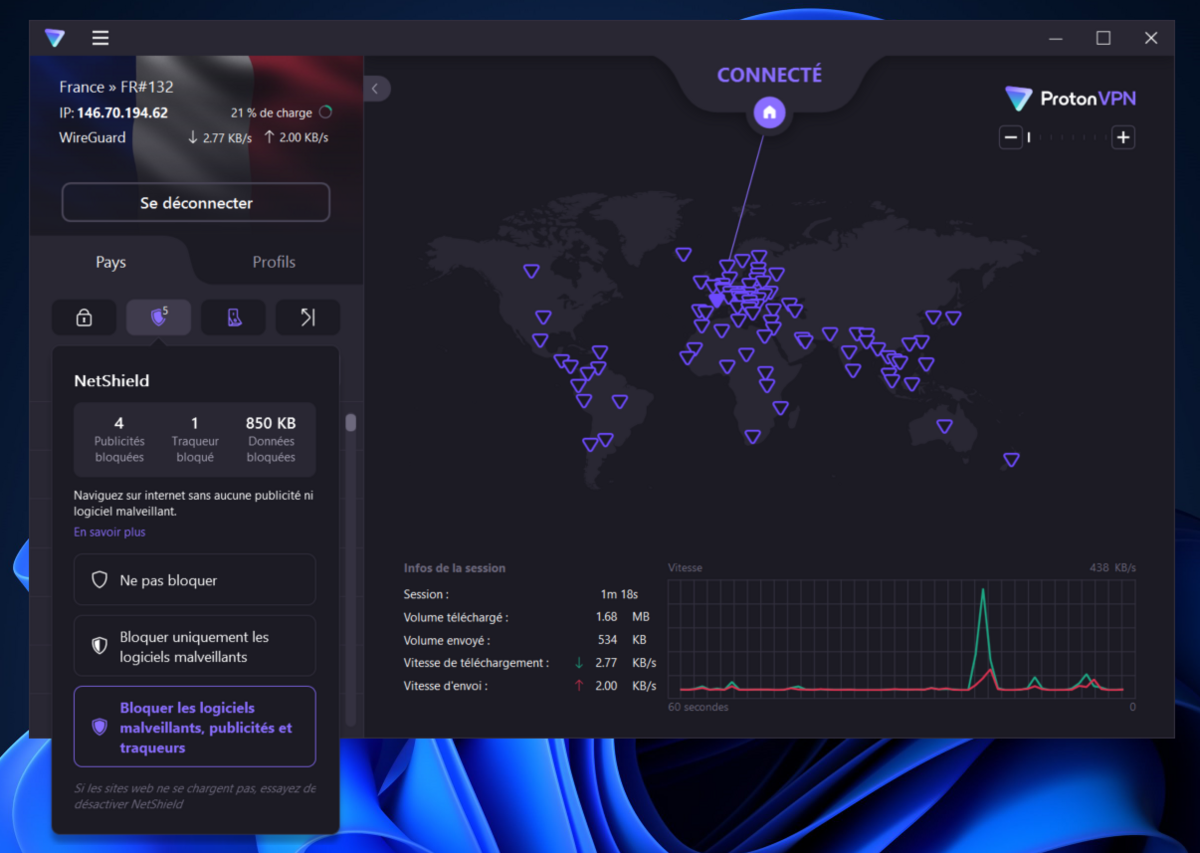 Le bouclier Netshield de Proton VPN bloque les publicités et les traqueurs © Clubic