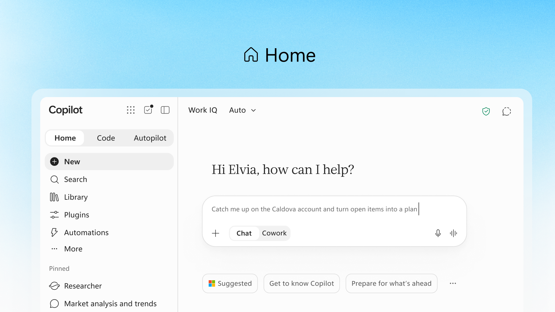 Home réunit Chat et Cowork dans un même espace pour discuter avec Copilot, reprendre un travail en cours ou lui déléguer une tâche. © Microsoft