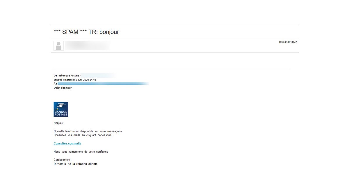 Exemple d'un spam de phishing censé provenir de la Banque Postale - © Pascale Duc