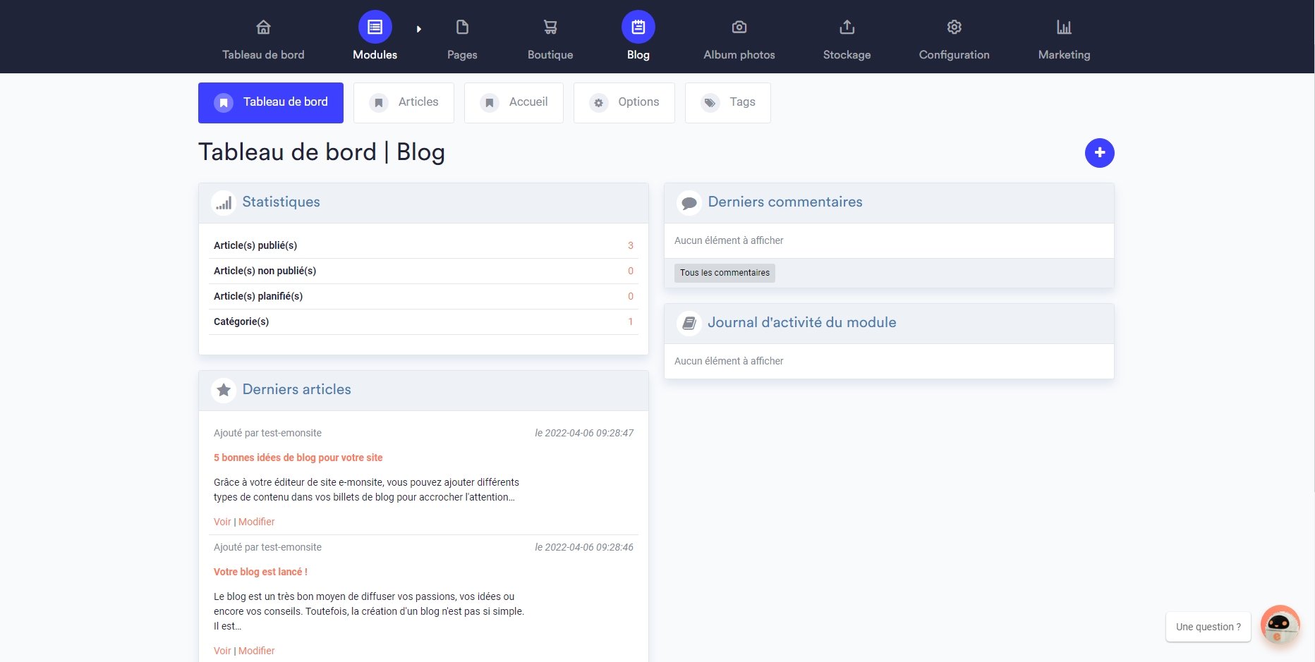 E-monsite tableau de bord