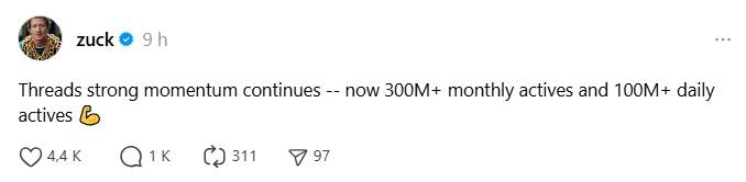 Par le biais d'un très bref message, Mark Zuckerberg confirme la bonne dynamique de Threads © Mark Zuckerberg / Threads