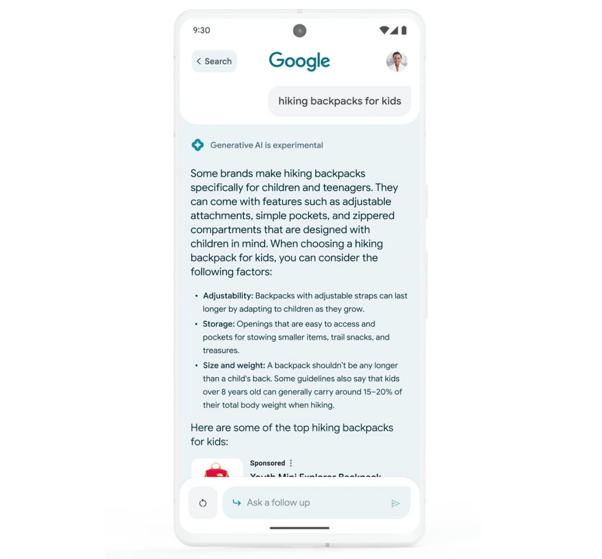 L'IA détaille les spécificités des sacs à dos pour enfant. En scrollant, une liste sponsorisée de sacs à dos à acheter apparaît © Google