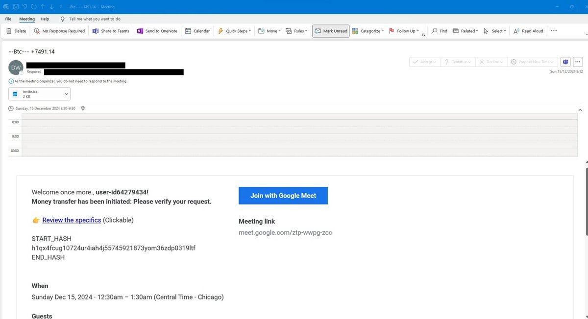 La campagne de phishing actuelle utilise des invitation Google Agenda en apparence légitime pour piéger les internautes © Check Point via Bleeping Computer