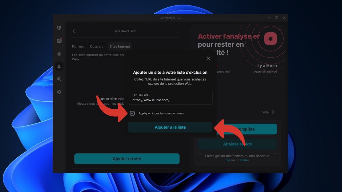 Surfshark Antivirus - N'oubliez pas d'appliquer les exclusions de sites web aux sous-domaines © Clubic