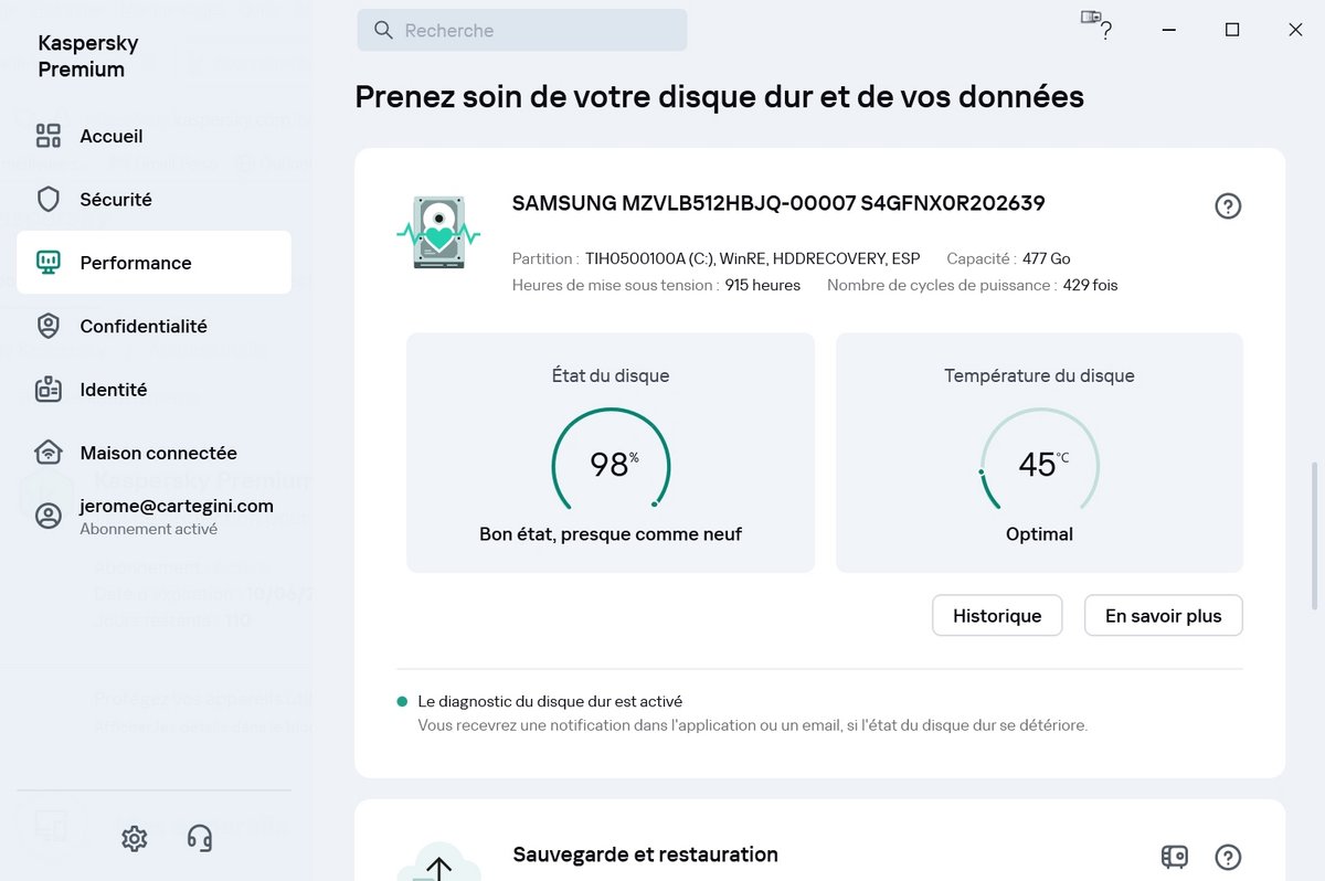 Kaspersky Premium - Diagnostic disque dur