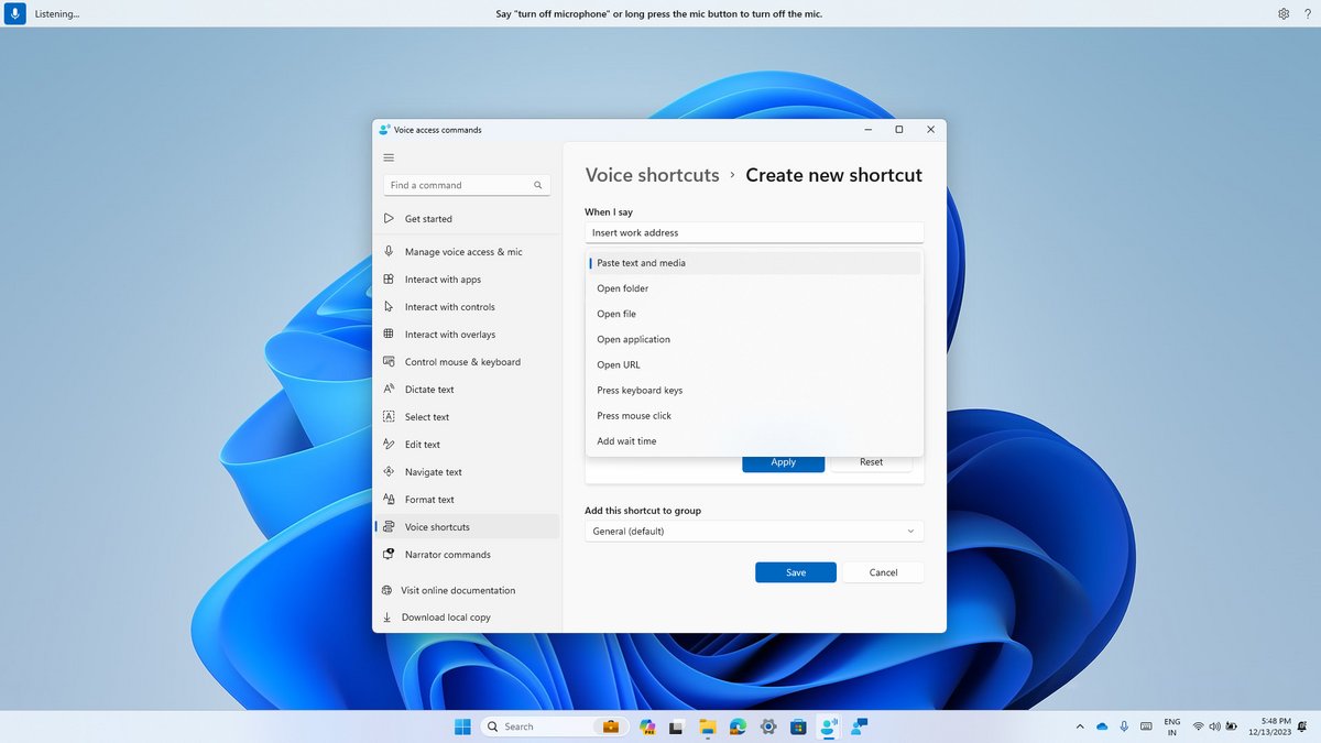 L’interface pour paramétrer les raccourcis vocaux © Microsoft