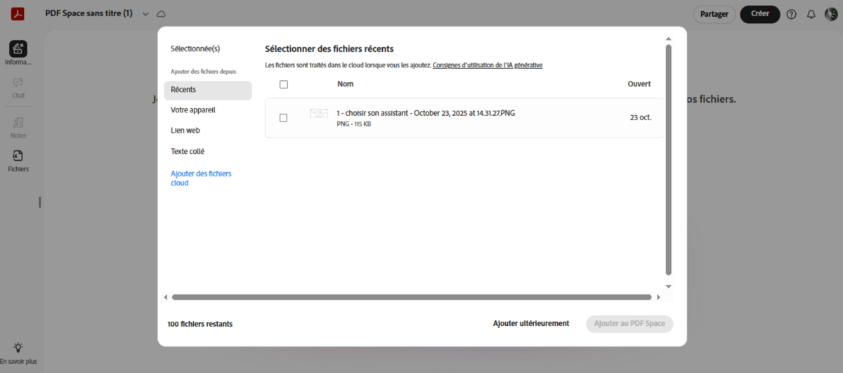 Gagnez du temps en choisissant un fichier déjà chargé sur votre compte Adobe, ou encore un lien par exemple.