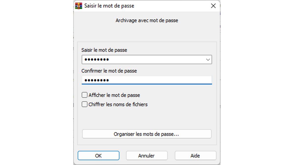 Fenêtre de saisie de mot de passe d'une archive WinRAR