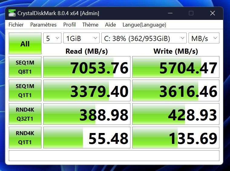  7 053 Mo/s en lecture et 5704 Mo/s en écriture © Nathan Le Gohlisse pour Clubic