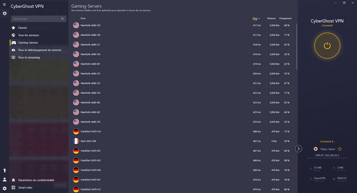 Des serveurs dédiés au gaming sont disponibles chez CyberGhost VPN.