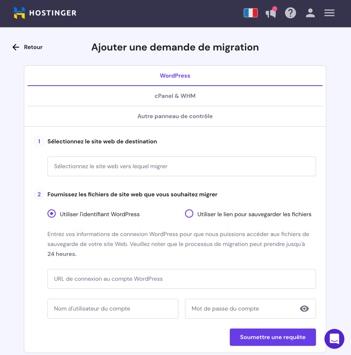 Demande de migration de site Web - Hostinger