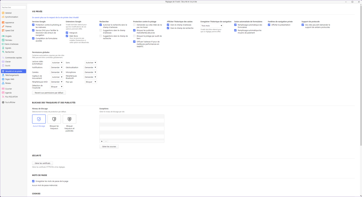Vivaldi - Les options de sécurité