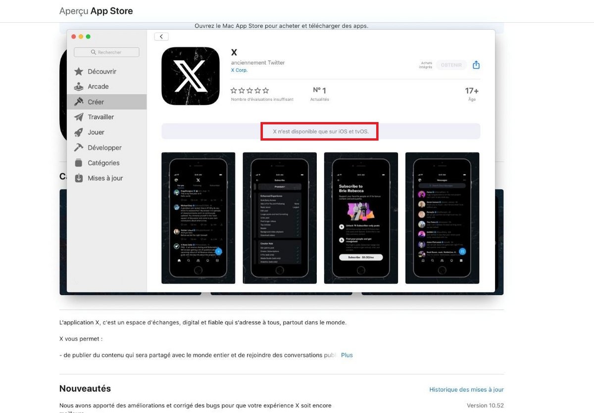 Et tout à coup, X.com n'était plus disponible sur le Mac App Store - Capture d'écran © Mélina Loupia pour Clubic