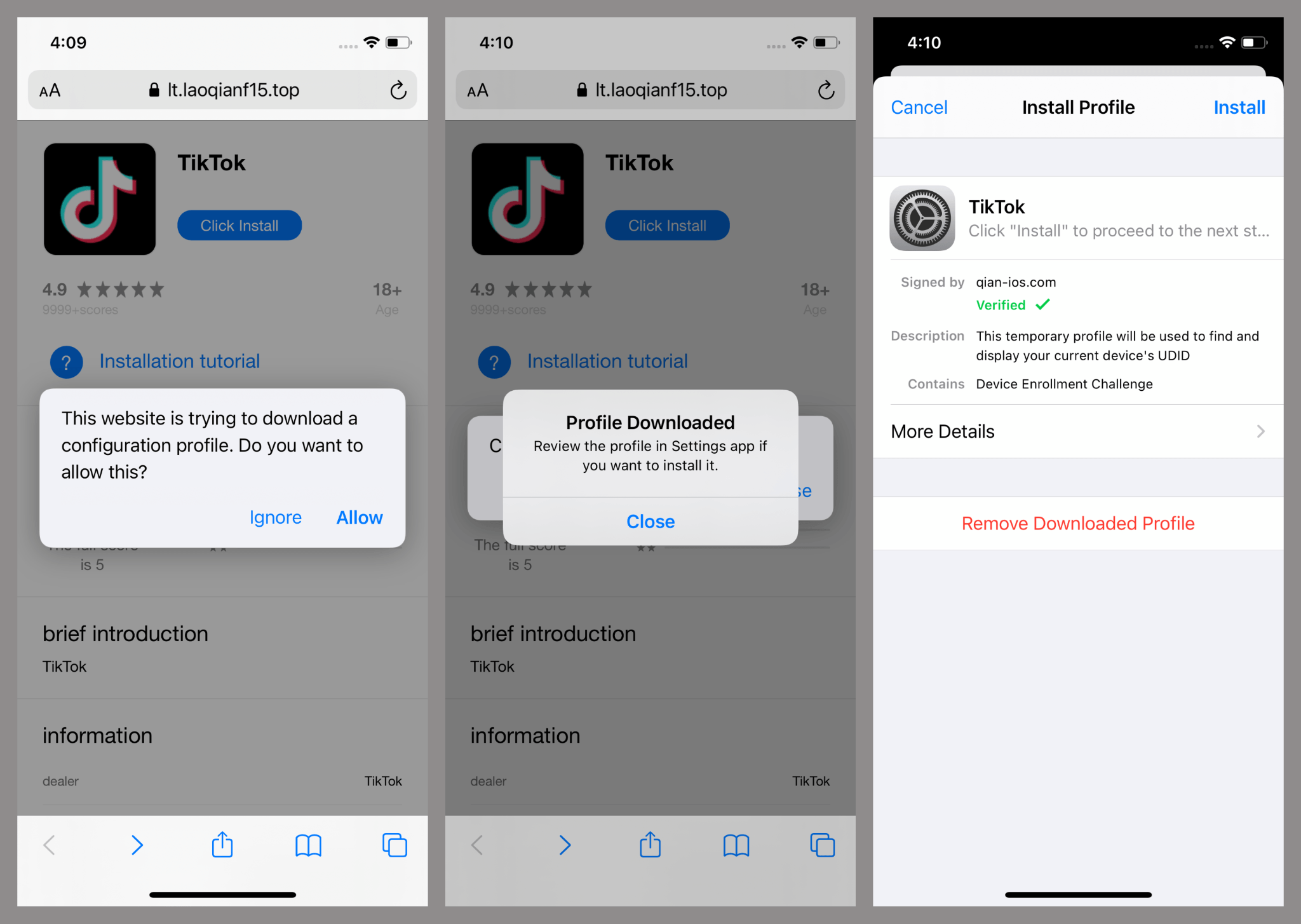 Exemple de faux site TikTok invitant à installer un profil de configuration sur iOS. Une fois le profil approuvé, le système autorise l’installation de l’application sans passer par l’App Store. © Securelist