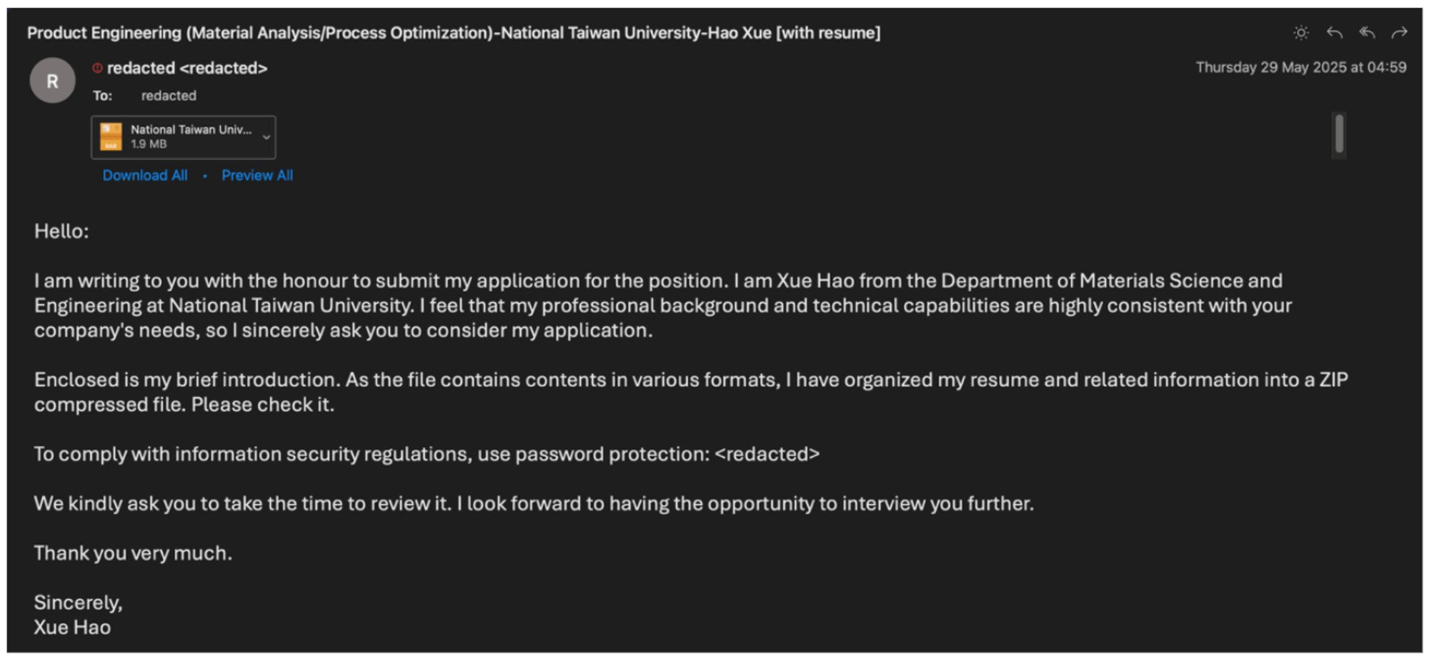 Exemple d'e-mail de phishing de candidature à un emploi UNK_FistBump © Proofpoint