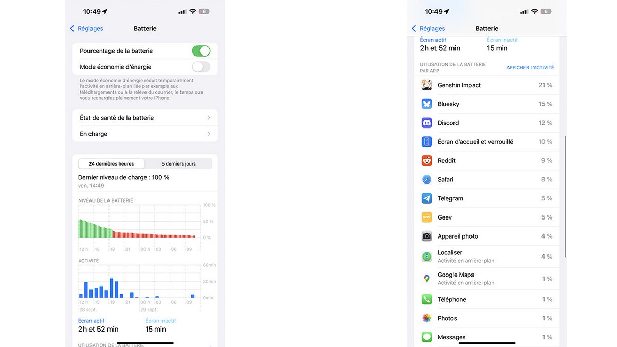 Les données de charge d'un iPhone 16 Pro Max. © Pierre Crochart pour Clubic