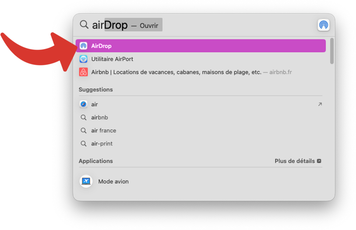 Recherche d'AirDrop avec Spotlight sur Mac