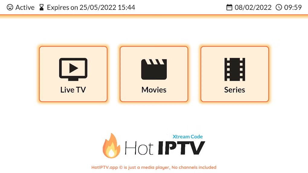 Écran d’accueil de Hot IPTV avec les trois boutons principaux pour accéder rapidement aux catégories de contenu. - © Hot IPTV