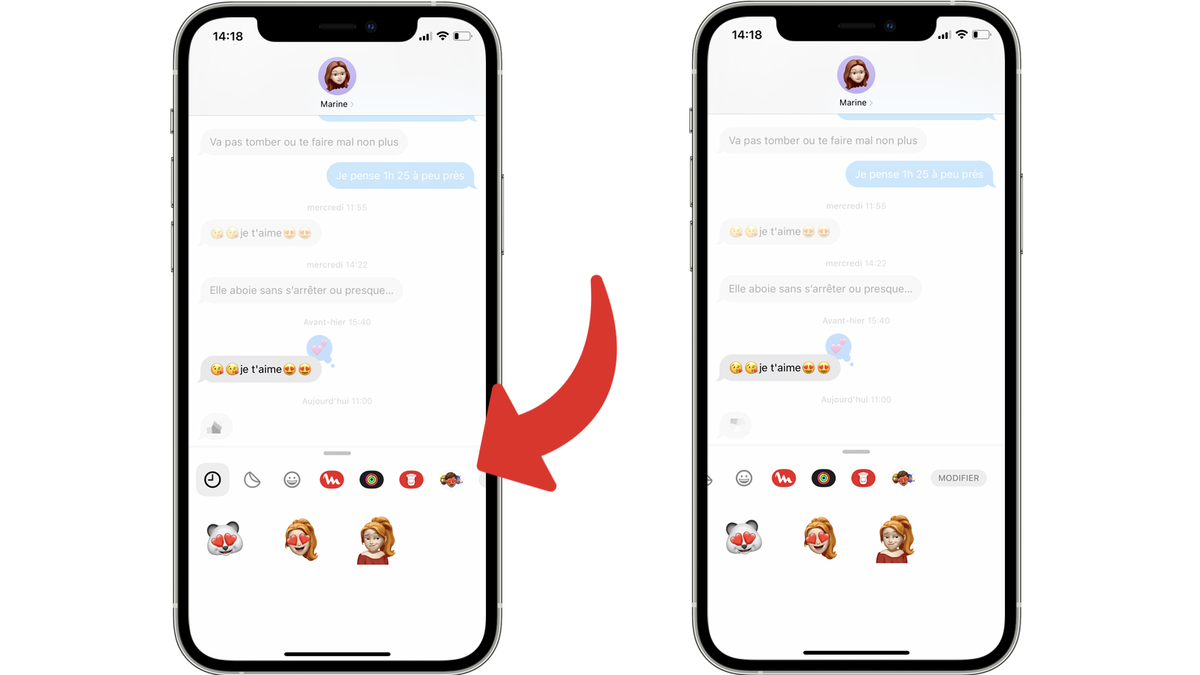 Naviguer dans le menu des autocollants pour choisir une réaction personnalisée dans Messages avec iOS 18 © Clubic