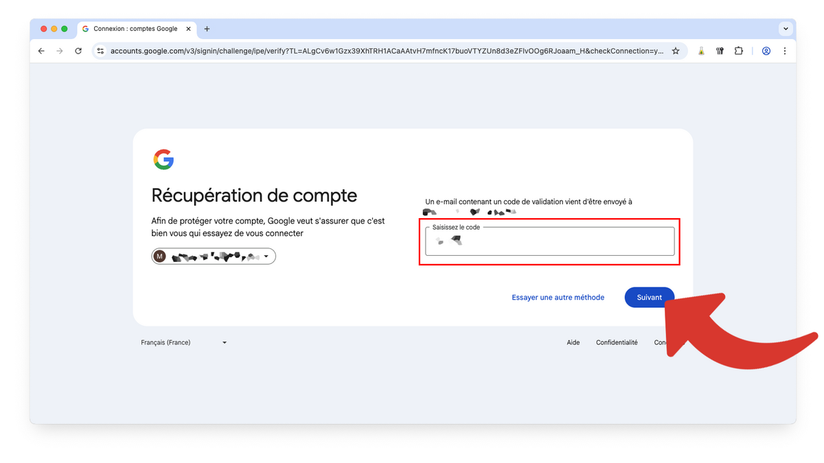 Saisir le code de validation reçu sur l'adresse e-mail ou le numéro de téléphone de récupération du compte Google © Clubic