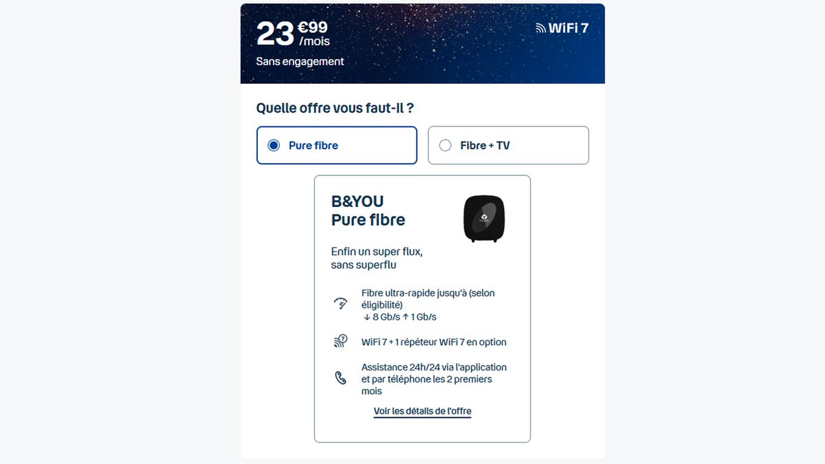 Proposée à 23,99 €/mois sans hausse future, la B&You Pure Fibre garantit un tarif stable pour mieux maîtriser son budget. ©B&You