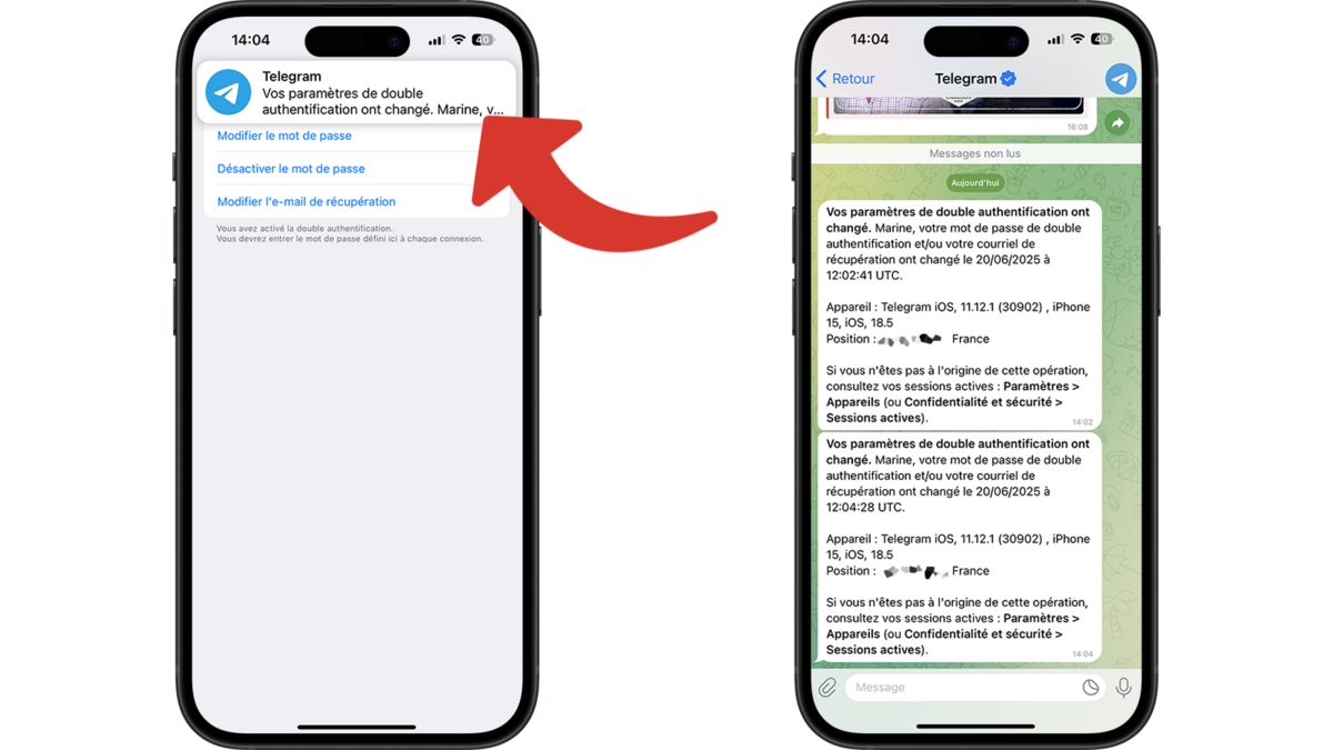 Message de Telegram qui vous indique (ou confirme) qu'il y a du changement dans les paramètres la double authentification © Clubic