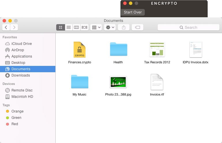 Aperçu d’un dossier sur macOS avec un fichier .crypto généré par Encrypto, montrant comment les documents protégés apparaissent. - © Encrypto
