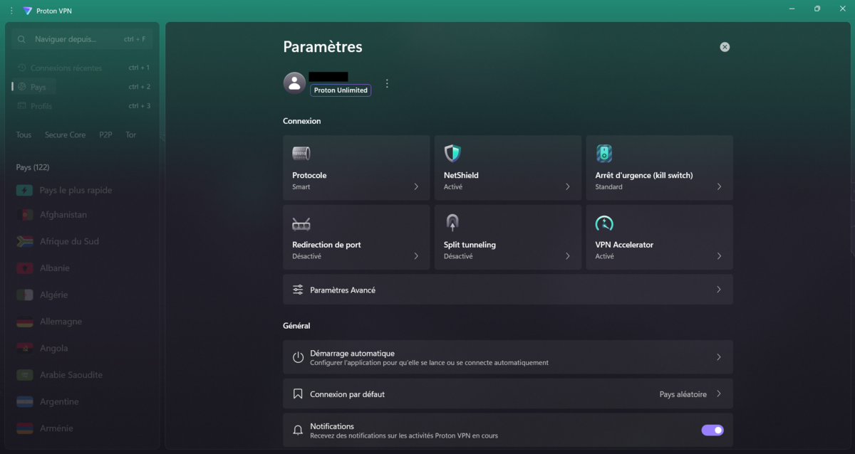 Depuis les paramètres de Proton VPN, vous configurez le protocole, les réglages NetShield, la redirection de ports ou encore le split tunneling pour différencier le trafic sensible du trafic lambda. © Clubic