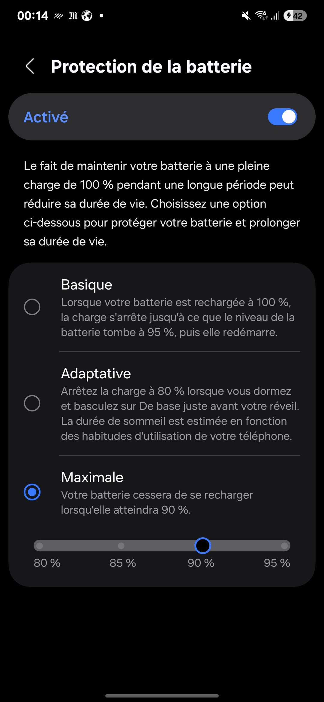 Les réglages de la batterie donnent accès  à des paramètres de protection