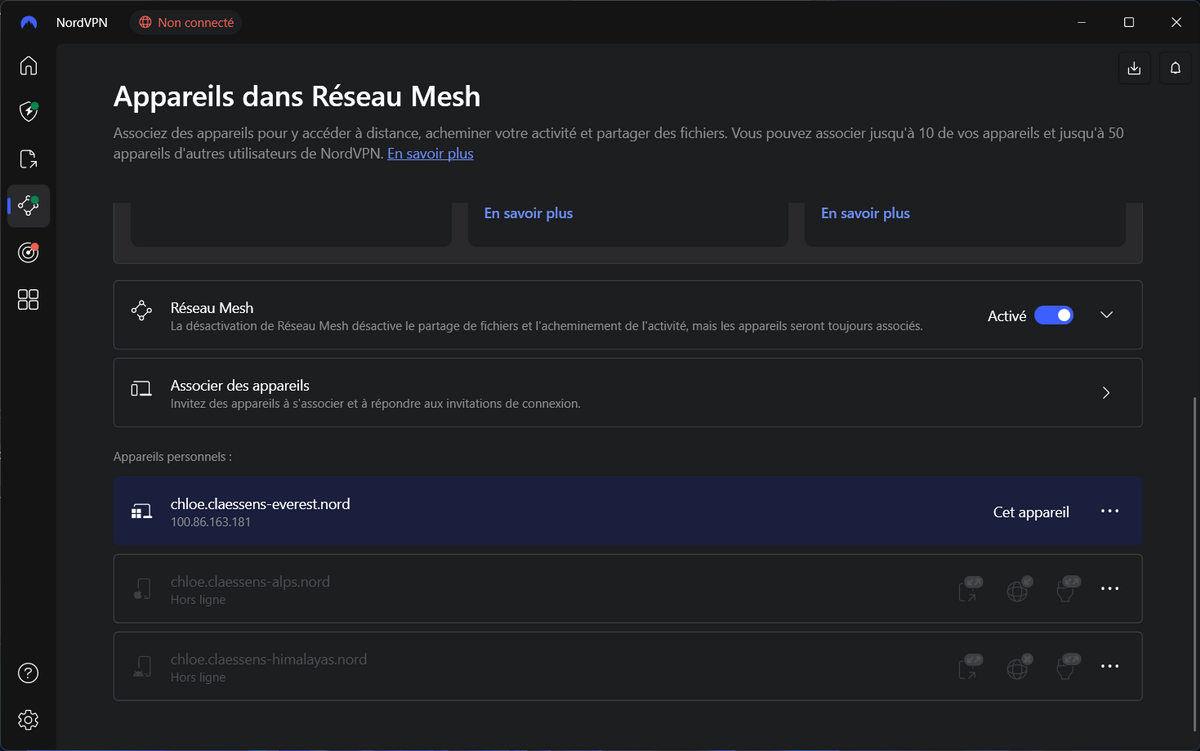NordVPN - L'interface de configuration de Meshnet