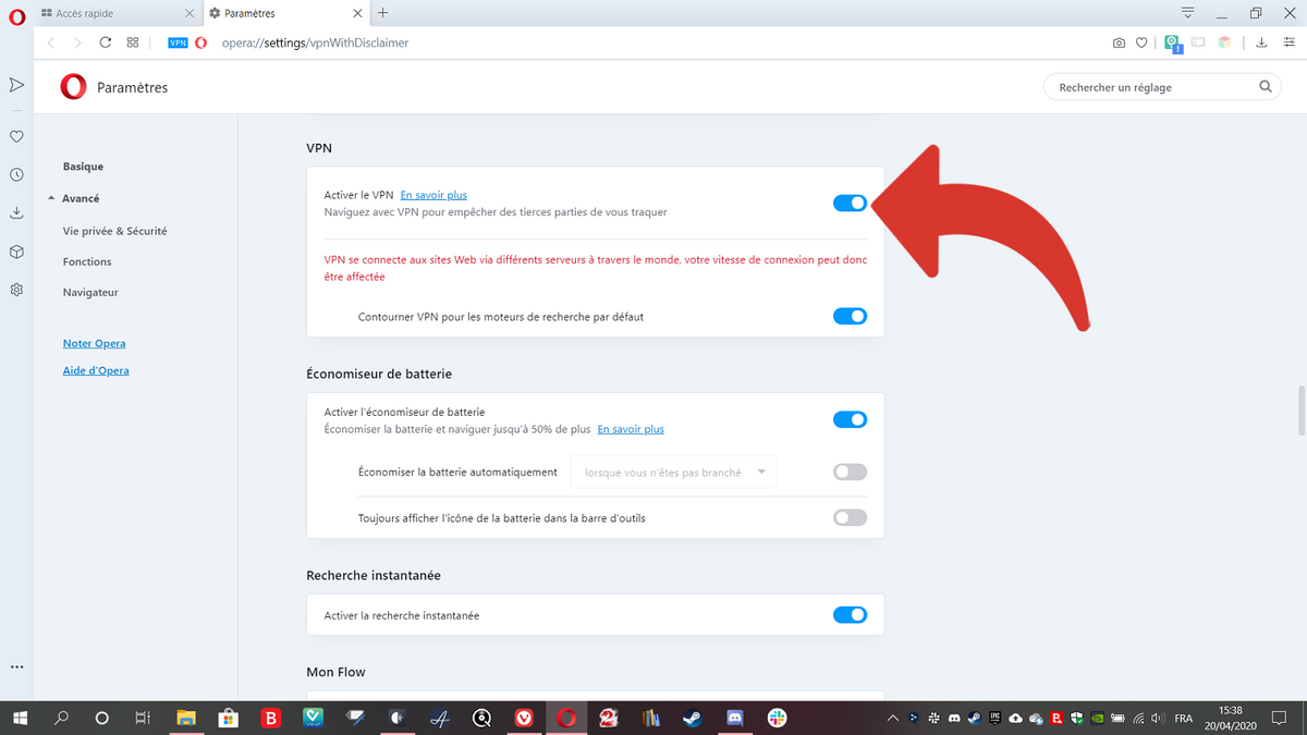 Activer VPN Opera 2,3