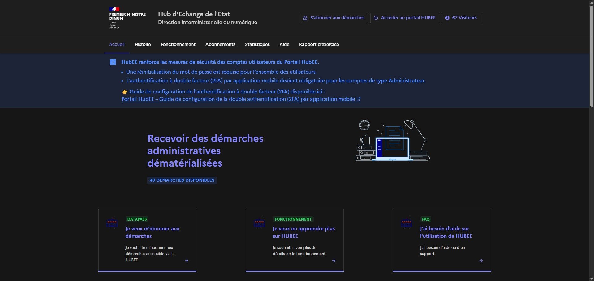 Capture d'écran de la plateforme HubEE, avec les dernières mises à jour de sécurité. © Alexandre Boero / Clubic