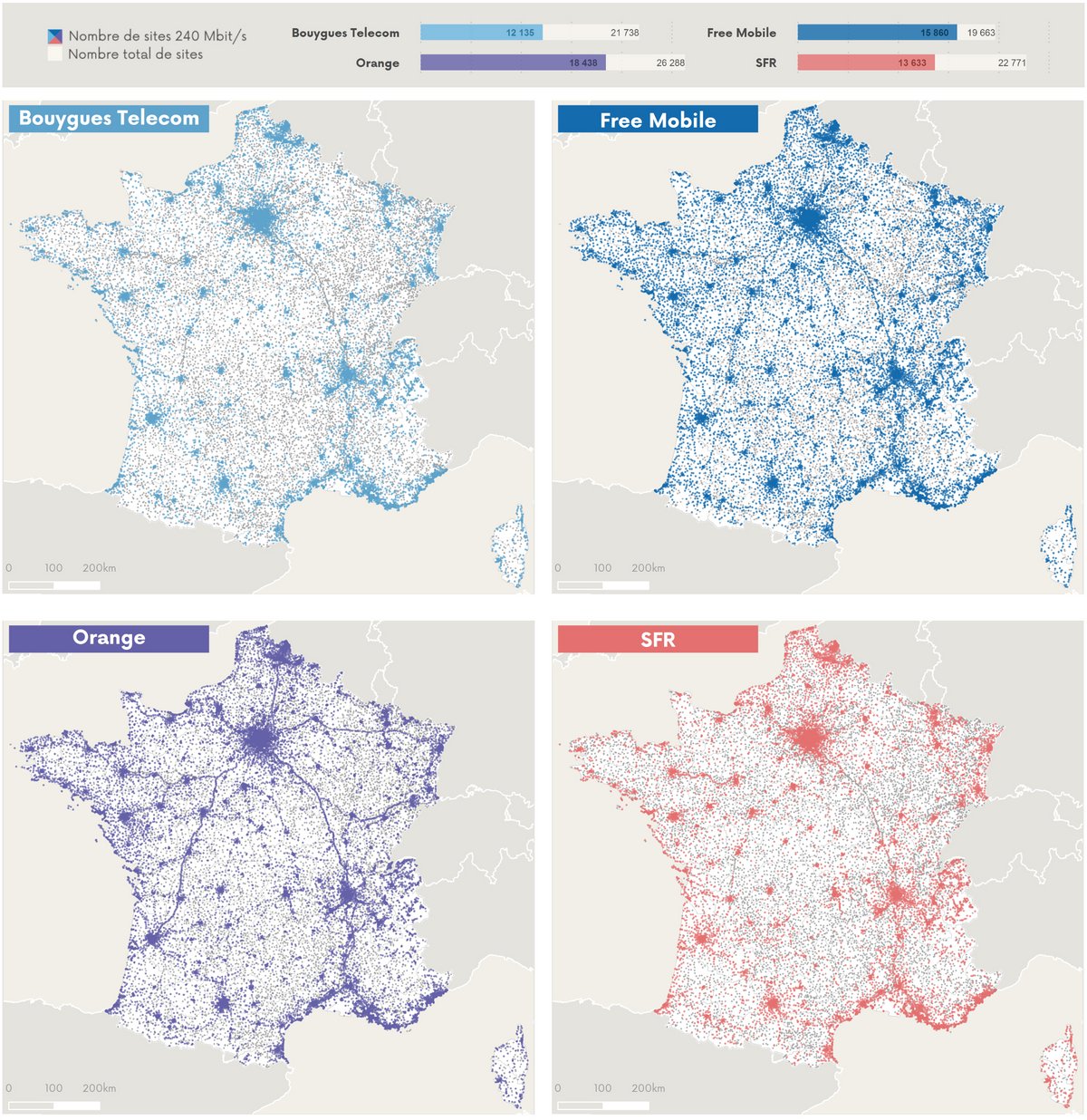 Les 4 réseaux 5G français - © Arcep