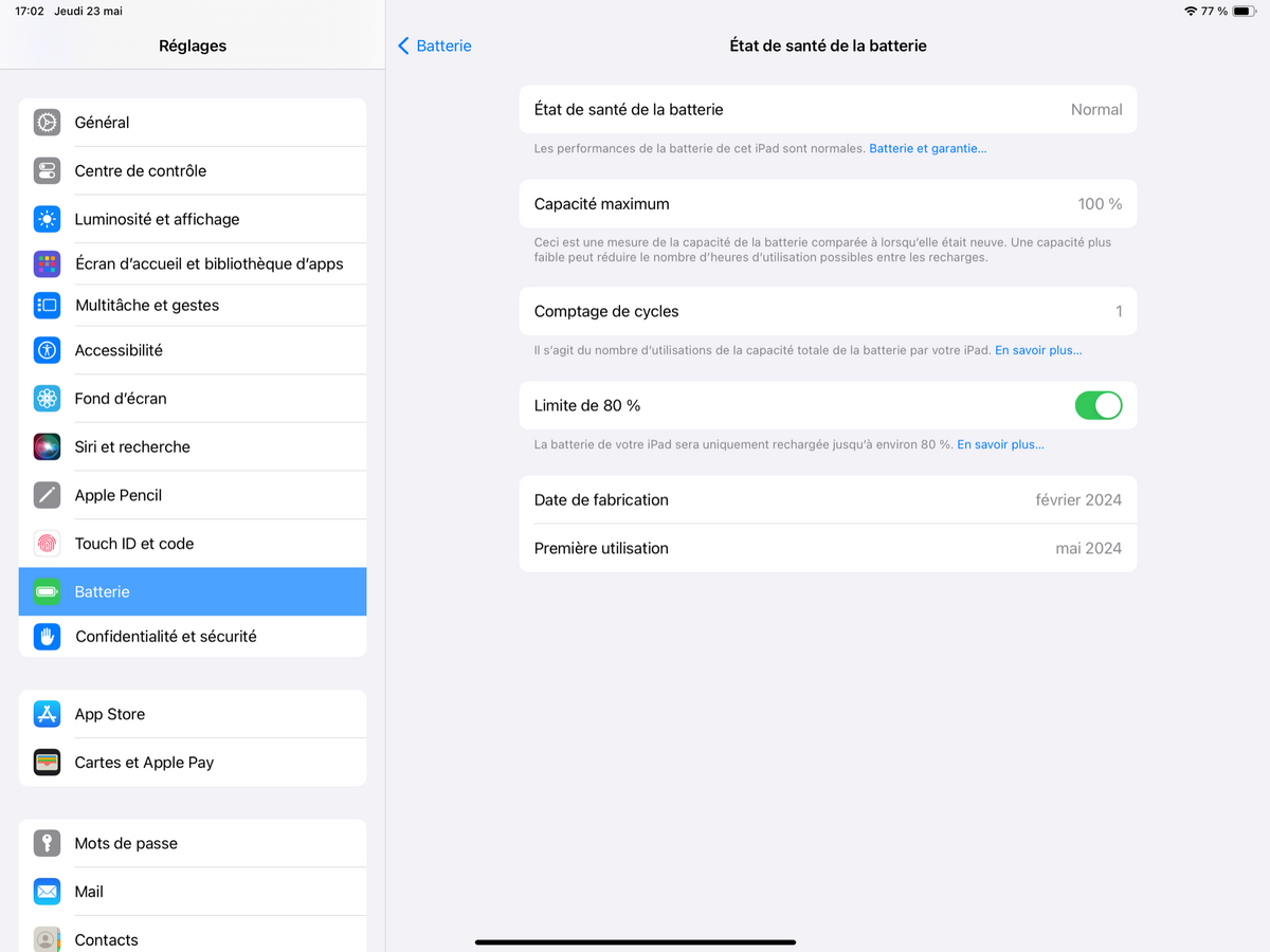 iPad Air 2024 Réglage batterie