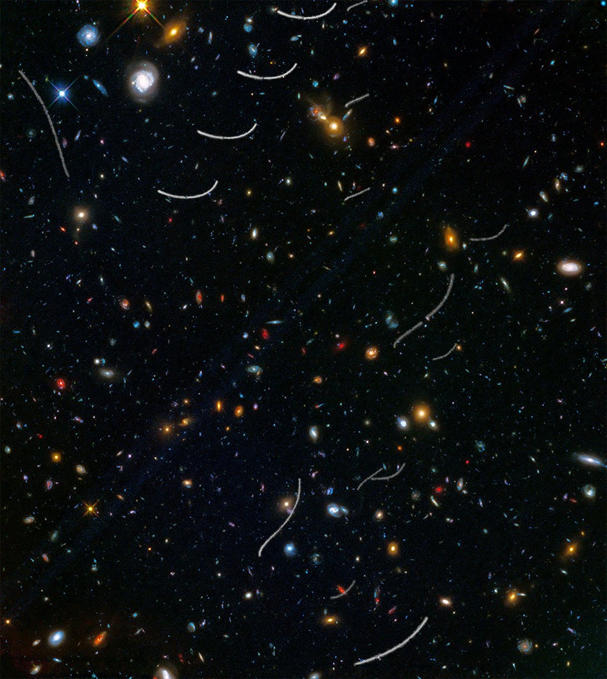 Ces petits serpentins au milieu des étoiles et des galaxies ne sont autres que des astéroïdes qui se baladent "dans le champ"... © NASA, ESA, and B. Sunnquist and J. Mack (STScI)