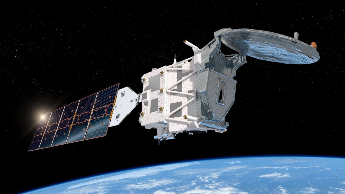Vue d'artiste du satellite EarthCARE une fois déployé en orbite. Notez l'instrument radar et son réflecteur à l'avant © ESA / ATG Medialab